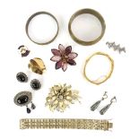 Selection of costume jewellery, including bead necklaces, bangles and bracelets, brooches and