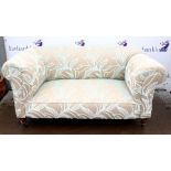 20th century mahogany framed sofa upholstered in velour, raised on turned legs and castors. 161W x