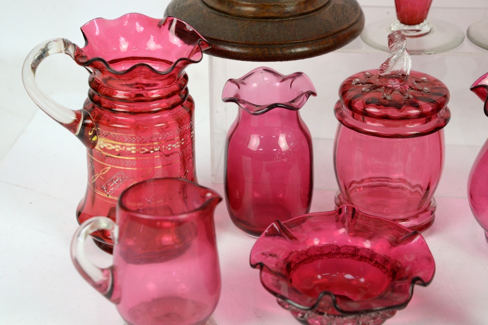 Collection of cranberry glass items including jugs, vases and pot with cover - Image 9 of 14