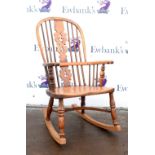 Elm and yew wood Windsor rocking chair with much later added rockers,