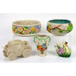 Clarice Cliff Parrot bowl, 21cm diam, flower basket vase, h15.5cm, swan, garden bowl, 23cm diam, and