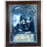 Framed Dutch porcelain panel depicting a scene of a man and woman at an open window after William
