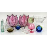 Three glass dishes marked Desna to base, coloured glass dishes, pink glass wall shades and other