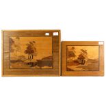 Two early 20th century marquetry pictures, depicting lakeside scene with trees, worked in various