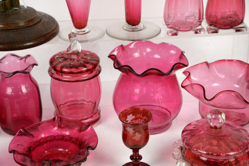 Collection of cranberry glass items including jugs, vases and pot with cover - Image 8 of 14