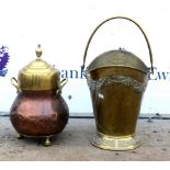 Brass coal scuttle together with a brass and copper pot.