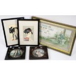 Group of framed pictures to include two pictures of Geisha, a Russian-style icon, coloured print