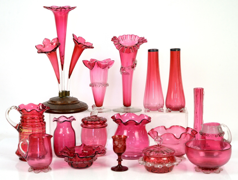 Collection of cranberry glass items including jugs, vases and pot with cover - Image 4 of 14