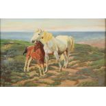 20th century study of two horses unsigned oil on board 28cm x 46cm