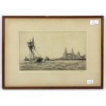 Charles Herbert Clark, Ships in a river, etching 17cm x 29cm, together with another by C E Holloway,