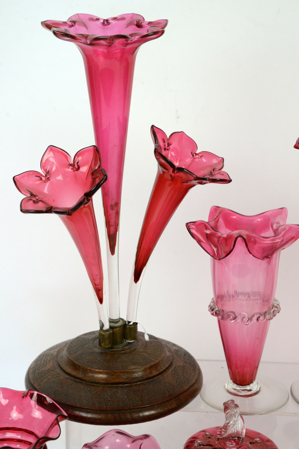 Collection of cranberry glass items including jugs, vases and pot with cover - Image 12 of 14