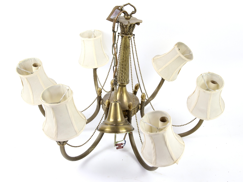 Pair of modern brass six branch chandeliers with cream shades, together with matching two branch - Image 2 of 4