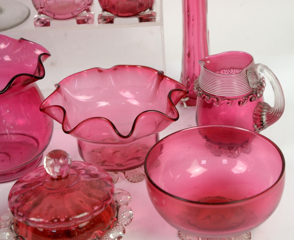 Collection of cranberry glass items including jugs, vases and pot with cover - Image 6 of 14