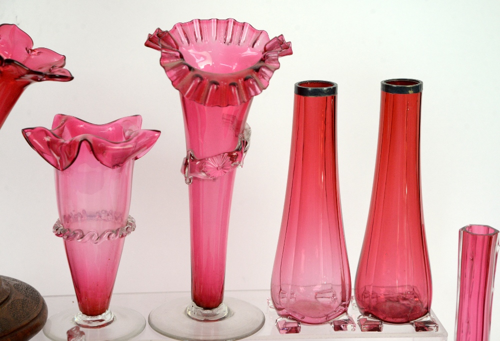 Collection of cranberry glass items including jugs, vases and pot with cover - Image 13 of 14