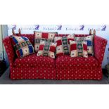 Modern three seater sofa upholstered in red velour, by Sox Karmen Designs. 106H x 220W x 92D cm