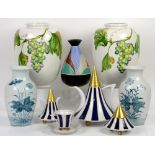 Thun studio Czech blue stripe tea service, two vases with fruiting grapevine decoration, three other