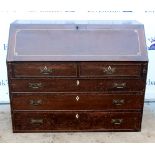 19th century mahogany bureau, the fall front to reveal a fitted interior above two short drawers and