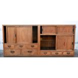 AMENDED DESCRIPTION Near pair of Japanese hardwood side cupboards with sliding drawers. 88W x 46Dx
