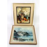 Oil on canvas, farm buildings, another, harbour view, and a still life, signed indistinctly by the