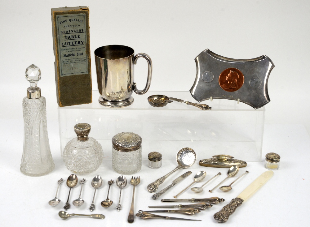 Silver mounted and plated items to include a dressing table set, silver coin-set dish, silver-