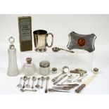 Silver mounted and plated items to include a dressing table set, silver coin-set dish, silver-