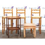 Three oak stools with rush seats, together with a Chinese style hardwood table and an inlaid two