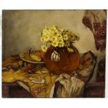 G. Hunther, still life flowers in a bowl, oil on canvas, signed, 49cm x 39cm, together with three
