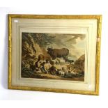 After Jean Baptiste Le Prince, coloured print depicting a Classical scene with Bull, Satyr,