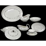 Royal Doulton Coronet dinnerwares with grey scrolling decoration on a white ground and silver rim to