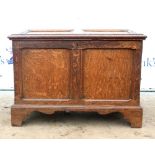 19th century oak panelled coffer on bracket feet. 73W x 51H x 40D