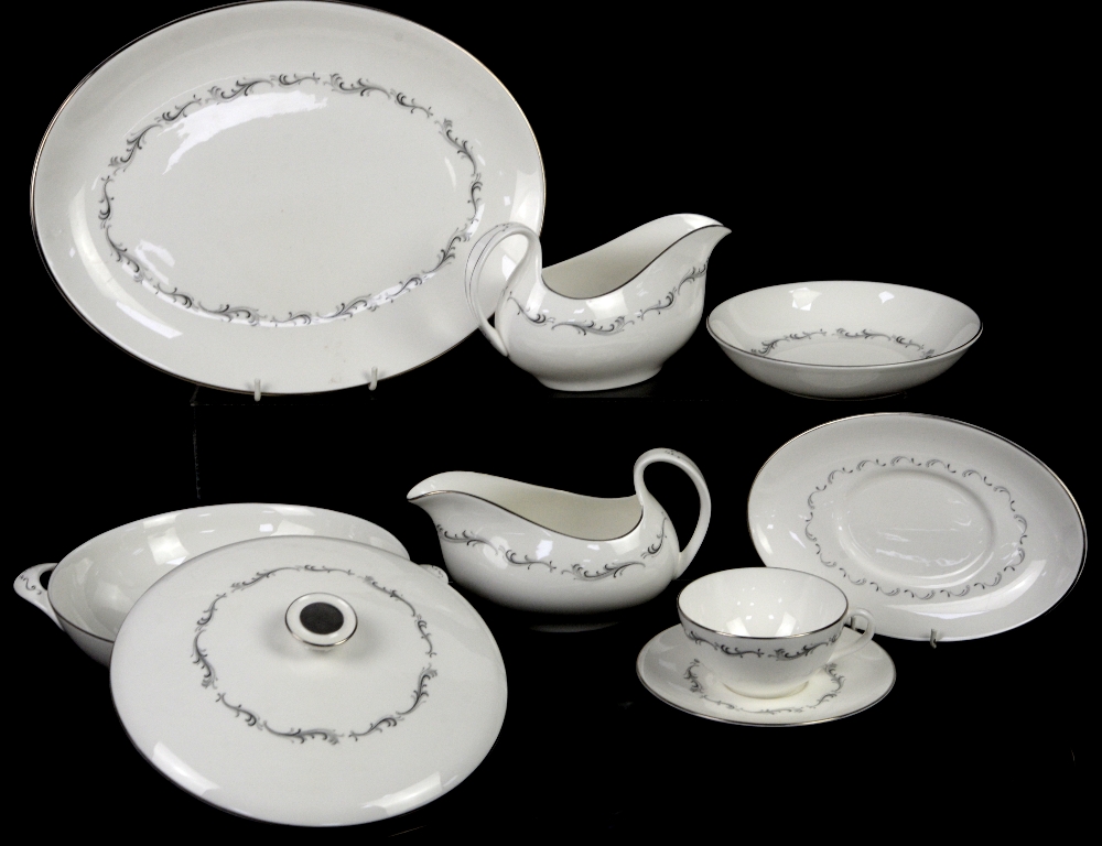 Royal Doulton Coronet dinnerwares with grey scrolling decoration on a white ground and silver rim to - Image 2 of 10