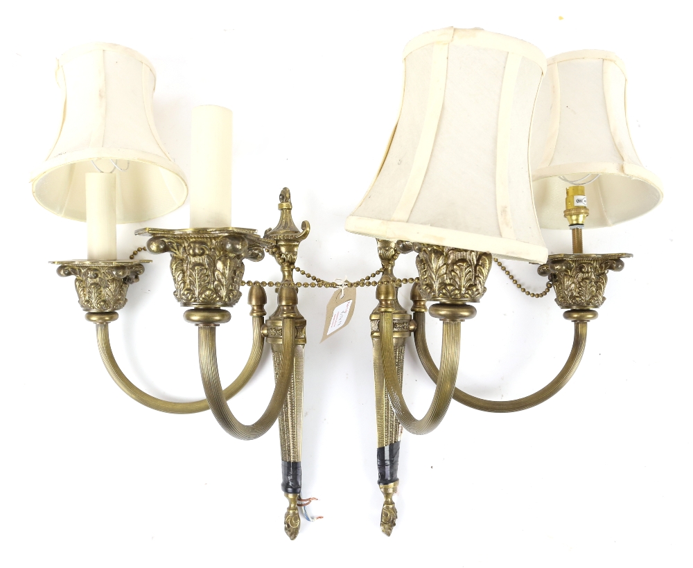 Pair of modern brass six branch chandeliers with cream shades, together with matching two branch - Image 4 of 4