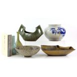 An interesting collection of Japanese Ceramics, including: Three sakazuki; a yunomi; a pair of