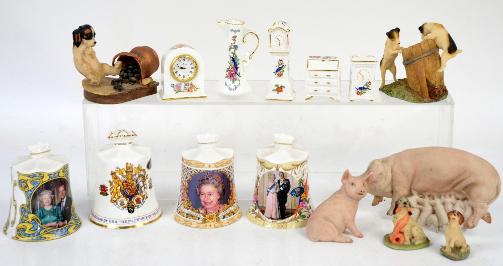 Aynsley porcelain piglet, pig and sow, a quantity of Aynsley miniatures in boxes and four Aynsley