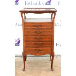 20th century mahogany music cabinet with five crossbanded drawers on cabriole legs. 98H x 41D x