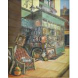 20th century shop front scene unsigned oil on board, 29cm x23cm