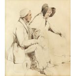 Edward Duncan RWS (1803-1882), Study of two figures seated on a Quay side, drawing pen and ink wash,