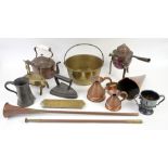Copper grain scoop, copper kettles, pewter tankard, flat irons and other metalware