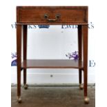 19th century mahogany side table with single drawer on tapered supports and later castors. 79H x 57W