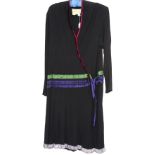 Janice Wainwright drop waisted black crepe long sleeved dress edged in devore velvet trim to