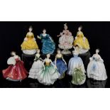 Nine Royal Doulton ladies, one Royal Worcester and a Dresden porcelain net skirt lady, no boxes (