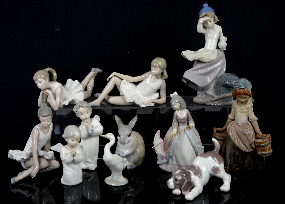 Lladro brown glaze girl carrying two water pails, and ten other figurines including Nao and a Lladro - Image 2 of 13