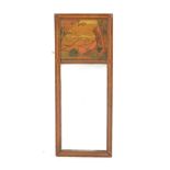 Arts and Crafts style pier mirror with coloured wood landscape panel to resemble marquetry in the