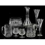 John Rocha Waterford two glasses and a carafe, cut glass bowl, jugs and brandy glasses