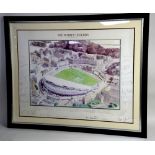 Print of The Oval Cricket Ground with printed signatures of 'The Surrey Legends', 59 x 79cm