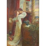 19th century style interior scene with embracing couple unsigned oil on board 40cm x 28cm