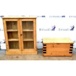 20th century pine gazed cabinet 105H x 89W x 30D together with an iron bound coffer.