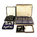 Three silver cased flatware sets, a cased silver medicine spoon, and a selection of silver-plated