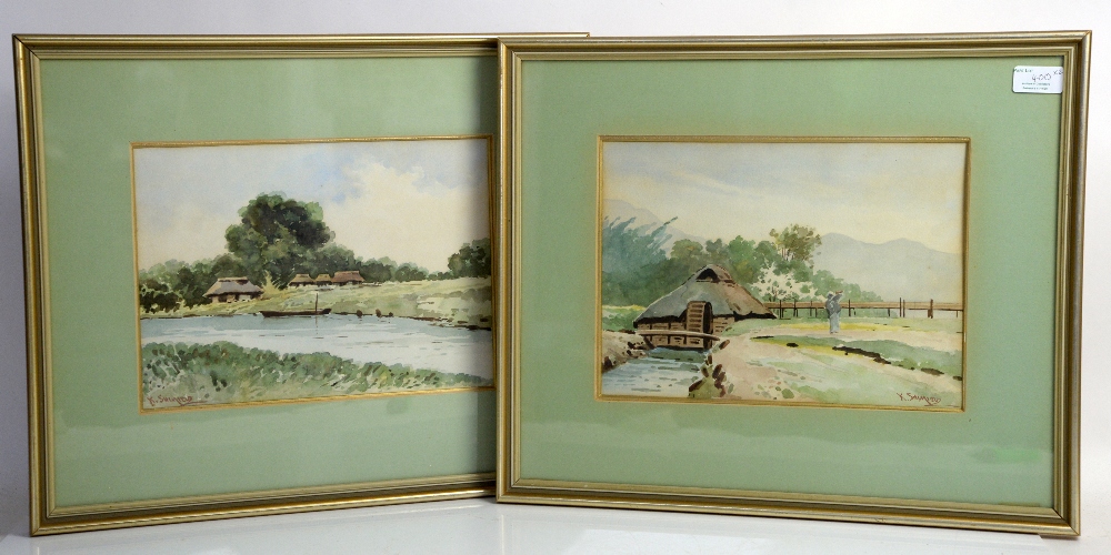 Two Japanese watercolours depicting rural cottages, both signed K. Shimizu, 22 x 30cm (2) - Image 2 of 2