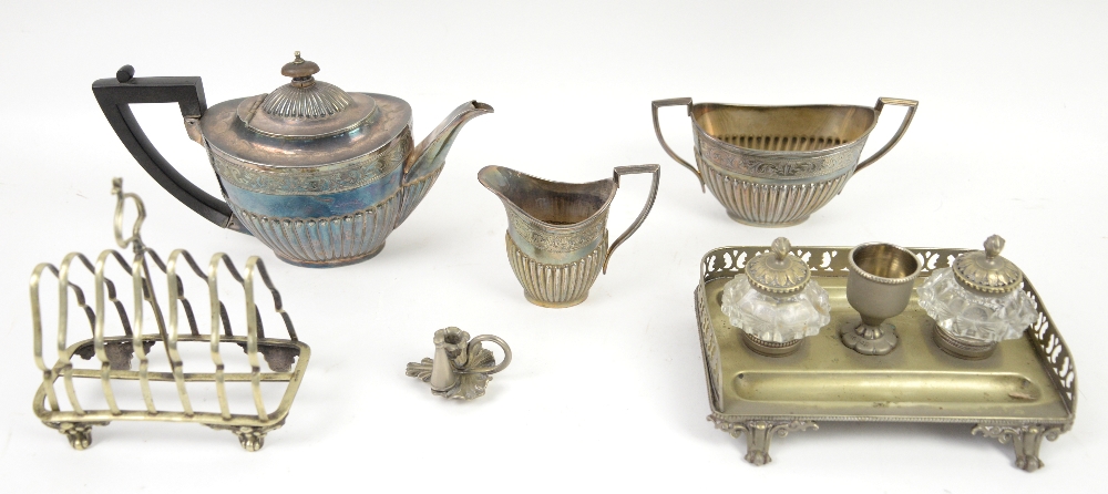 Small group of silver plate to include a three piece tea service, toast rack and desk set, bottle - Image 2 of 2